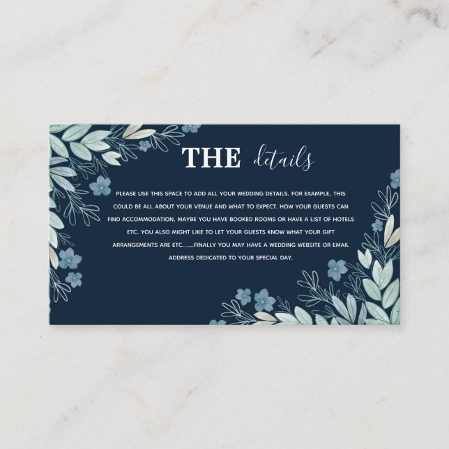 Elegant Navy Blue Botanical Details Wedding Enclosure Card (Front)