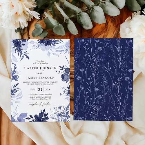 Elegant Navy Blue Botanical  Floral Wedding  Invitation