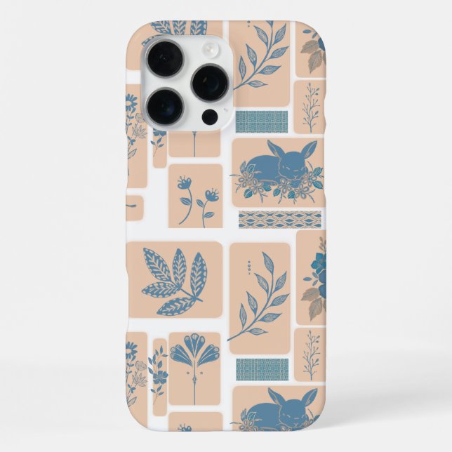 Elegant Navy Blue Botanical Rabbit Pattern Phone C iPhone Case (Back)