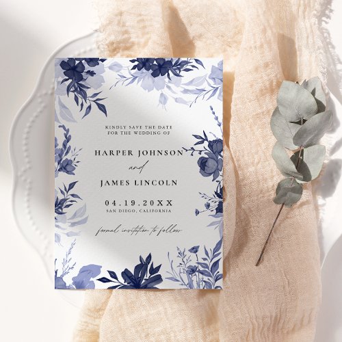 Elegant Navy Blue Botanical Save The Date Card