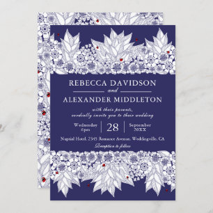 Elegant Navy Blue Botanical Wedding Invitation