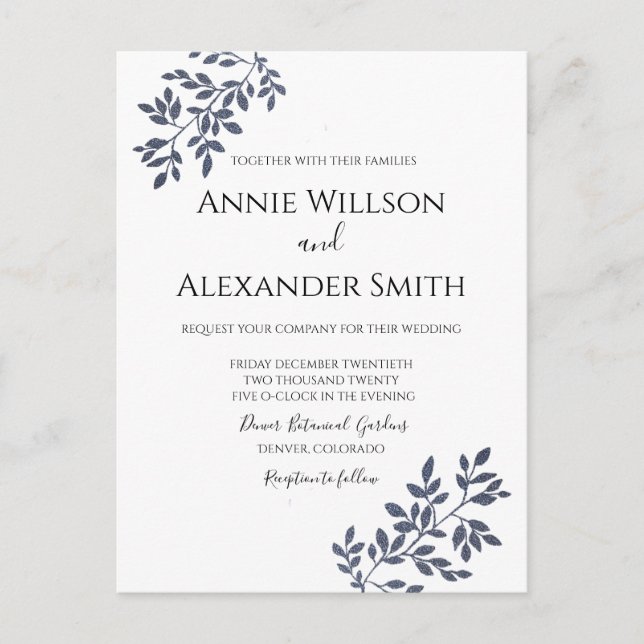 Elegant Navy Blue Botanical Wedding Invitation Postcard (Front)