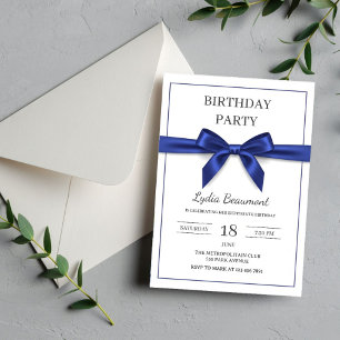 Elegant Navy Blue Bow Birthday Invitation