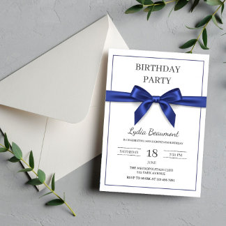Elegant Navy Blue Bow Birthday Invitation