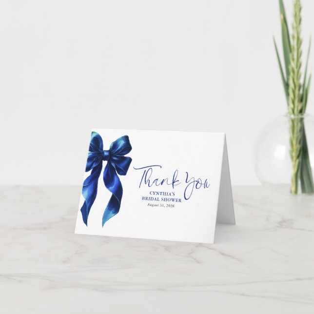 Elegant Navy Blue Bow Bridal Shower Thank You Card (Front)