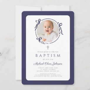 Elegant Navy Blue Bow Photo Boy Baptism Invitation