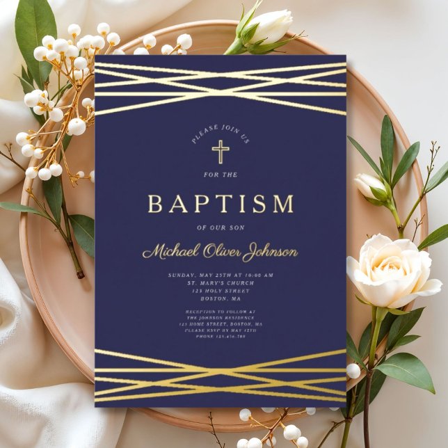 Elegant Navy Blue Boy Baptism Gold Foil Invitation (Elegant Navy Blue Boy Baptism Gold Foil Invitation)