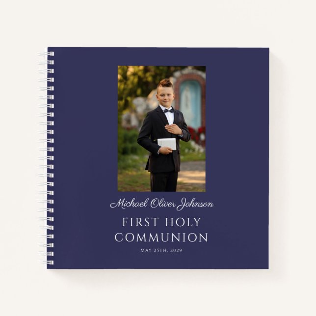 Elegant Navy Blue Boy First Communion Guestbook Notebook (Front)
