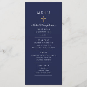 Elegant Navy Blue Boy First Communion Menu