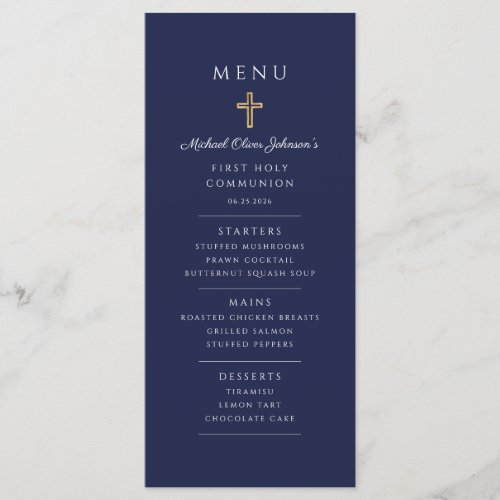 Elegant Navy Blue Boy First Communion Menu