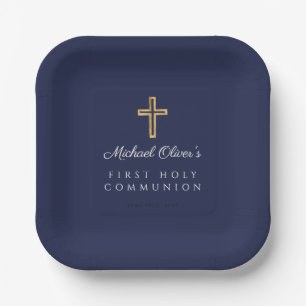 Elegant Navy Blue Boy First Communion Paper Plates