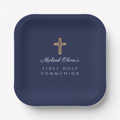 Elegant Navy Blue Boy First Communion Paper Plates