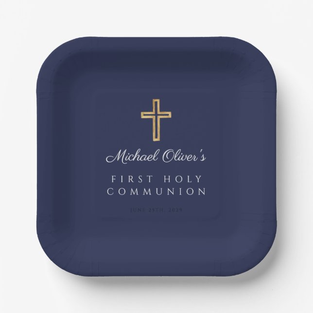 Elegant Navy Blue Boy First Communion Paper Plates (Front)