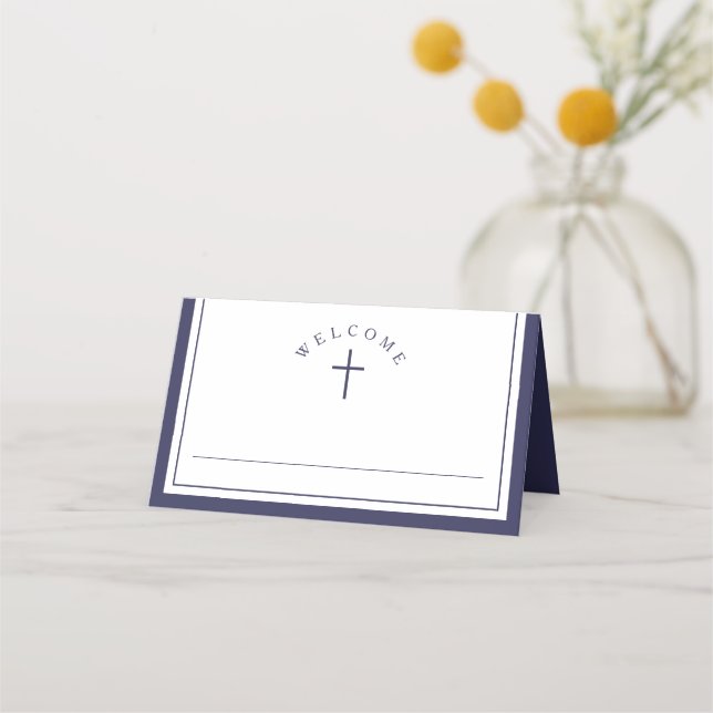 Elegant Navy Blue Boy First Communion Place Card (Front)