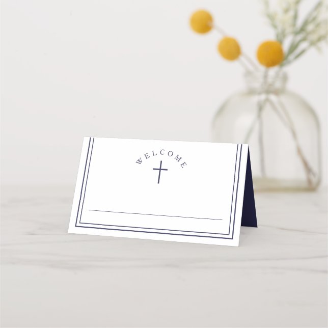 Elegant Navy Blue Boy First Communion Place Card (Front)
