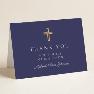 Elegant Navy Blue Boy First Communion Thank You Card