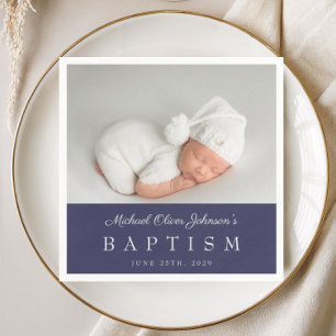Elegant Navy Blue Boy Photo Baptism Napkins