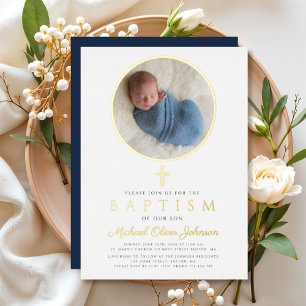 Elegant Navy Blue Boy Religious Photo Baptism Gold Foil Invitation