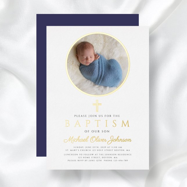 Elegant Navy Blue Boy Religious Photo Baptism Gold Foil Invitation (Elegant Navy Blue Boy Religious Photo Baptism Gold Foil Invitation)