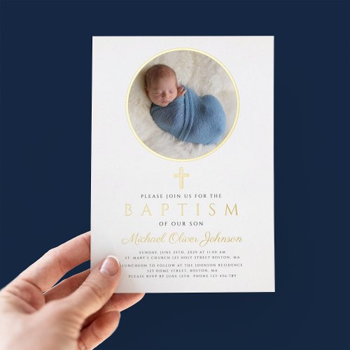 Elegant Navy Blue Boy Religious Photo Baptism Gold Foil Invitation