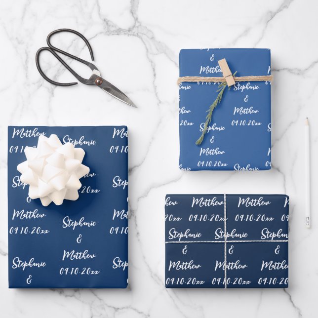 Elegant Navy Blue Bride Groom Names Weddings Wrapping Paper Sheets (Front)