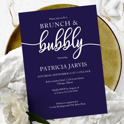 Elegant Navy Blue Brunch And Bubbly Bridal Shower Invitation