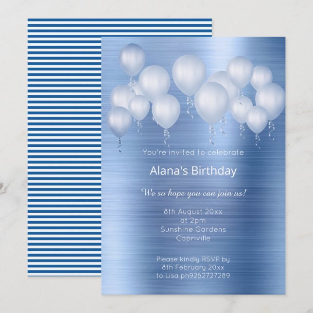 ELEGANT NAVY BLUE BRUSHED METAL BALOON BIRTHDAY INVITATION (Front/Back)