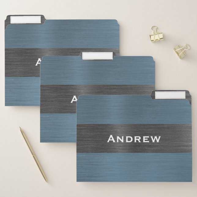 Elegant Navy Blue Brushed Metal Monogram Name  File Folder (Set)