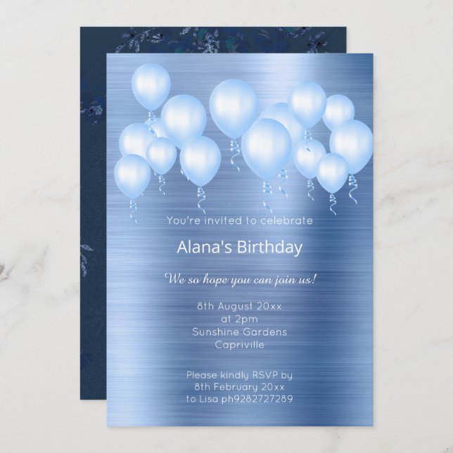 ELEGANT NAVY BLUE BRUSHED METAL PATTERN BIRTHDAY  INVITATION (Front/Back)