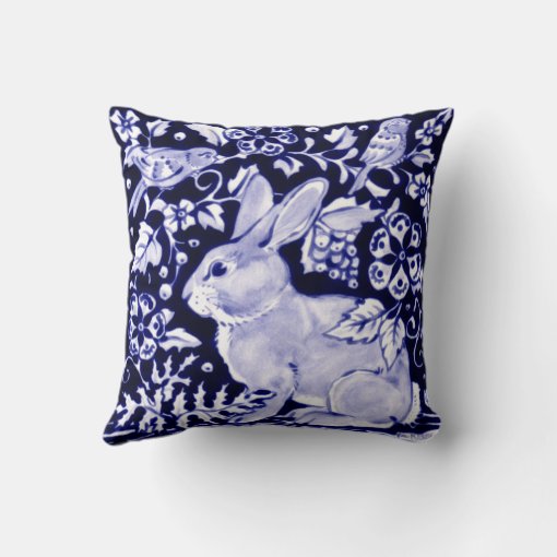 Elegant Navy Blue Bunny Rabbit Birds Dedham Delft Throw Pillow | Zazzle