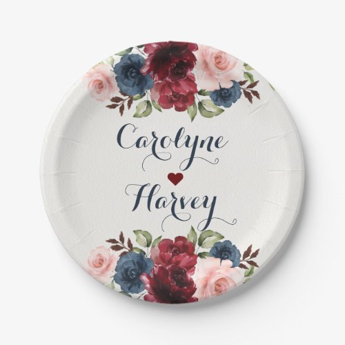 Elegant Navy Blue Burgundy Blush Flowers Wedding Paper Plates