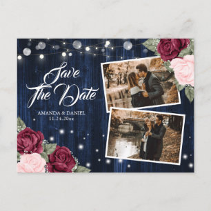 Elegant Navy Blue Burgundy Blush Wedding Photo Announcement Postcard