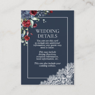 Elegant Navy Blue Burgundy Botanical Lace Details Enclosure Card