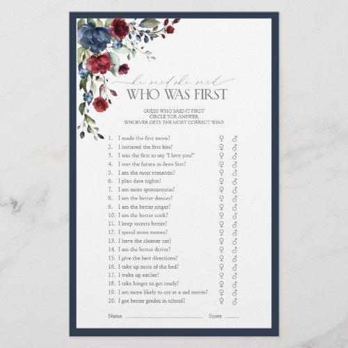 Elegant Navy Blue Burgundy Bridal Shower Game