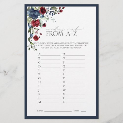 Elegant Navy Blue Burgundy Bridal Shower Game