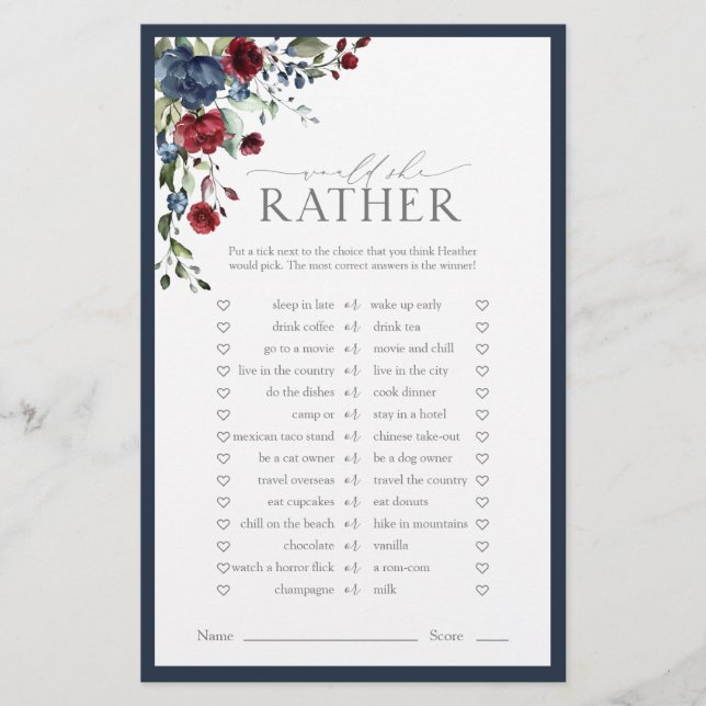 Elegant Navy Blue Burgundy Bridal Shower Game (Front)