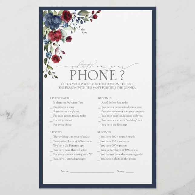 Elegant Navy Blue Burgundy Bridal Shower Game (Front)