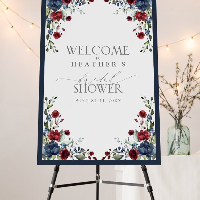 Elegant Navy Blue Burgundy Bridal Shower Welcome Foam Board (In Situ (Stand))
