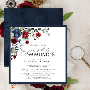 Elegant Navy Blue Burgundy First Holy Communion Invitation