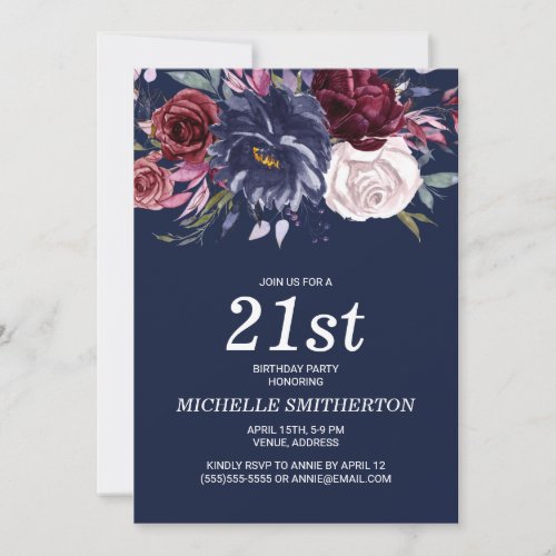 Elegant Navy Blue Burgundy Floral 21st Birthday Invitation