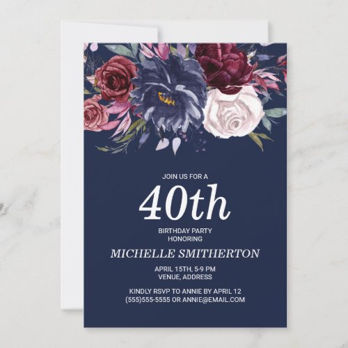 Elegant Navy Blue Burgundy Floral 40th Birthday  Invitation