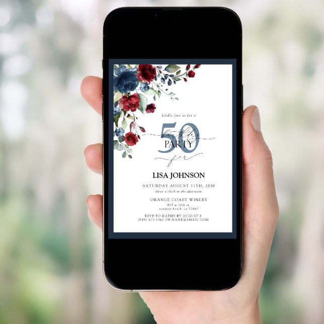 Elegant Navy Blue Burgundy Floral 50th Birthday Invitation (Front Digital)
