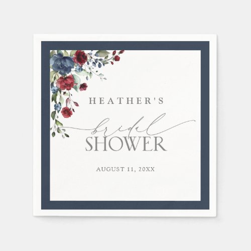 Elegant Navy Blue Burgundy Floral Bridal Shower Napkins