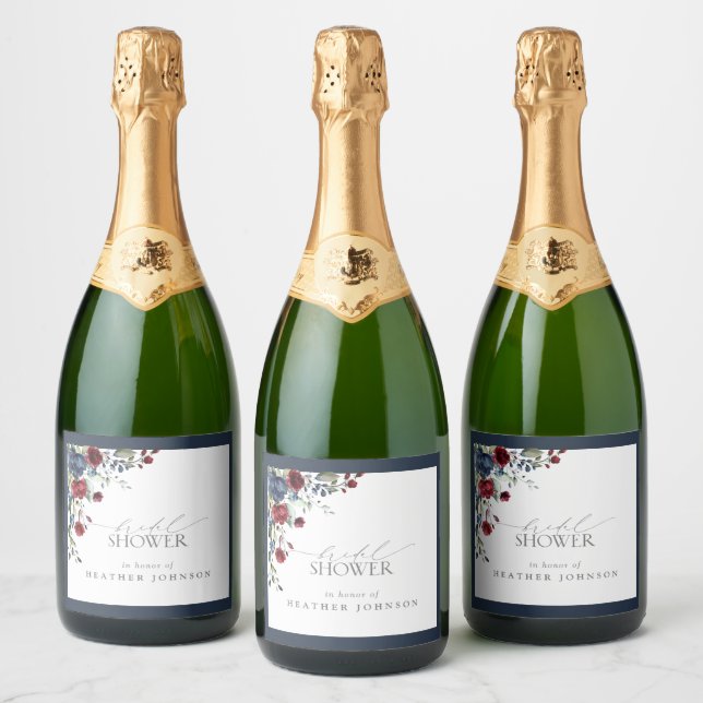 Elegant Navy Blue Burgundy Floral Bridal Shower Sparkling Wine Label (Bottles)