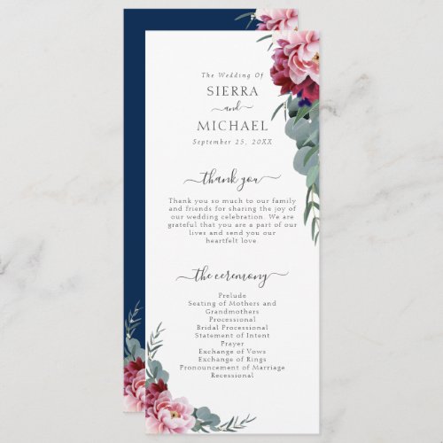 Elegant Navy Blue Burgundy Floral Foliage Wedding Program