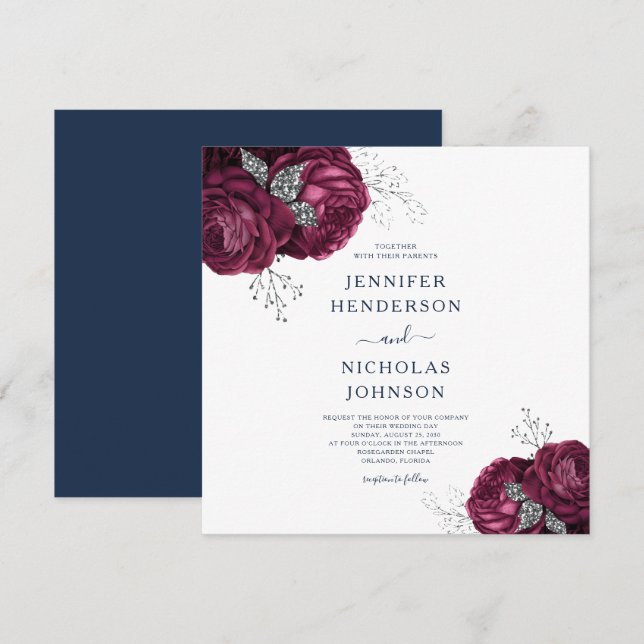 Elegant Navy Blue Burgundy Floral Peonies Wedding Invitation (Front/Back)