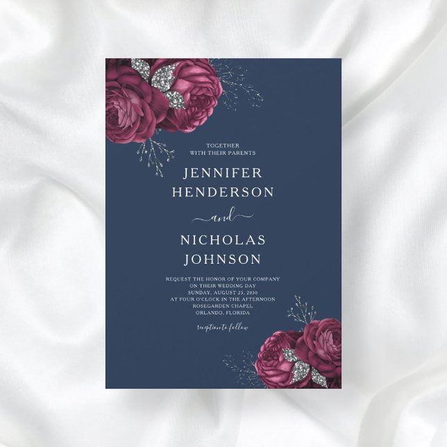 Elegant Navy Blue Burgundy Floral Peonies Wedding Invitation (Creator Uploaded)