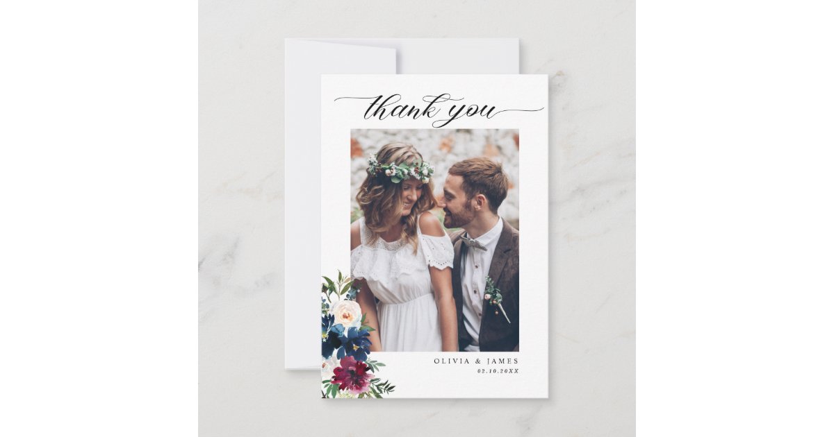 Elegant Navy Blue Burgundy Floral Photo Wedding Thank You Card | Zazzle