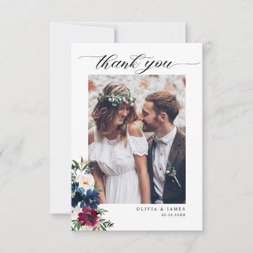 Elegant Navy Blue Burgundy Floral Photo Wedding Thank You Card