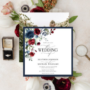 Elegant Navy Blue Burgundy Floral Watercolor Photo Invitation